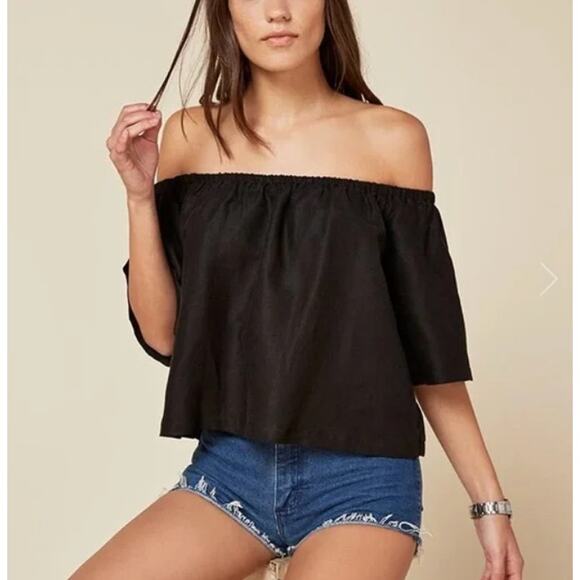 Reformation Silk Blouse Off Shoulder Crop Top Relaxed Fit Satin Black Womens XS - Picture 1 of 8